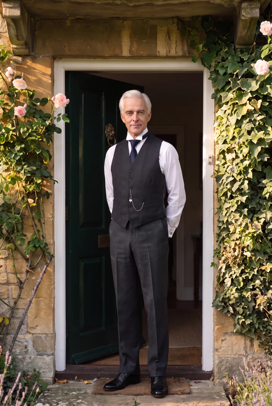 Mr. Ashby, a silver-haired retired butler in a charcoal waistcoat, standing in the doorway of his stone cottage