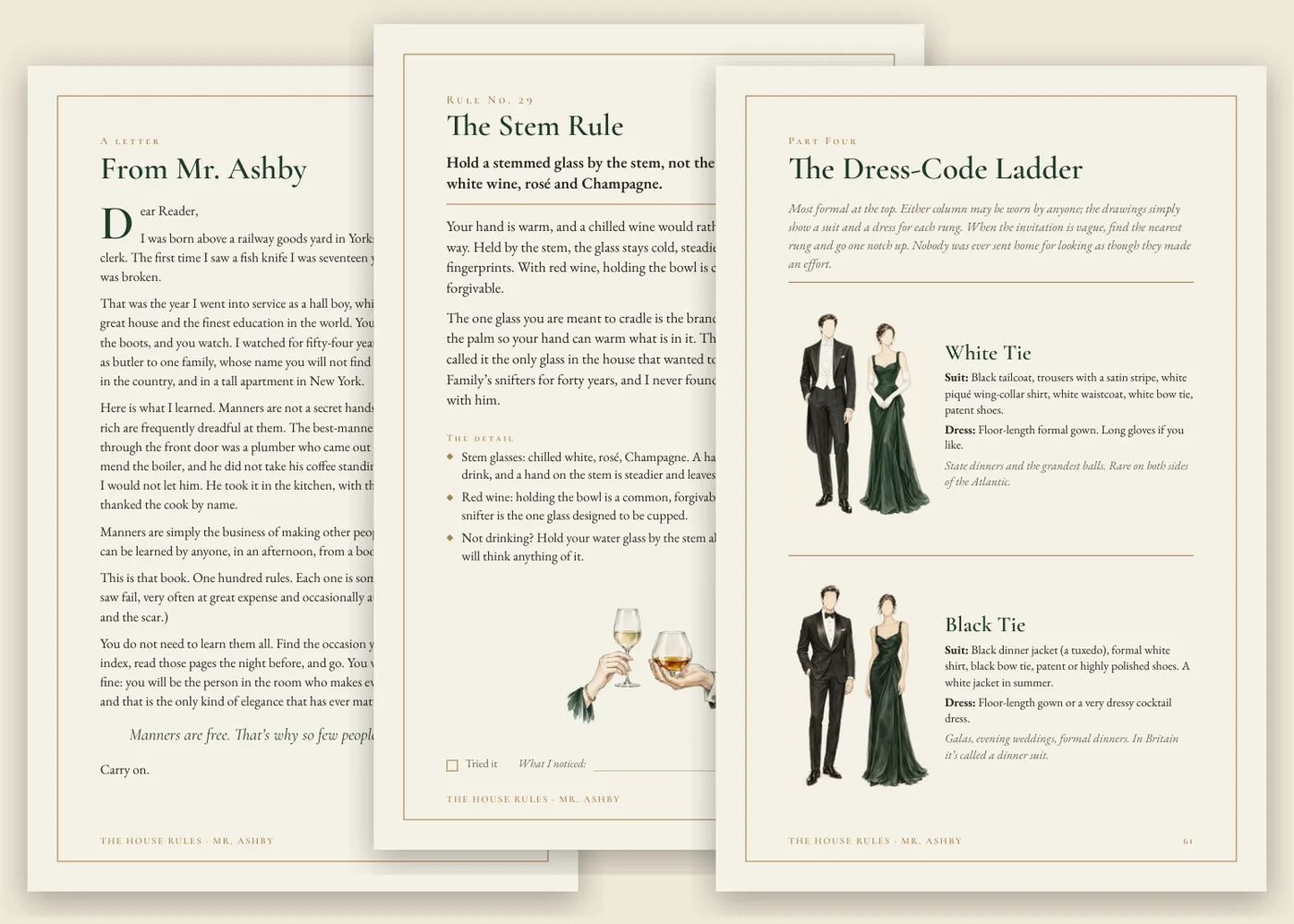 Pages from The House Rules PDF: the letter, a rule page and the dress-code ladder