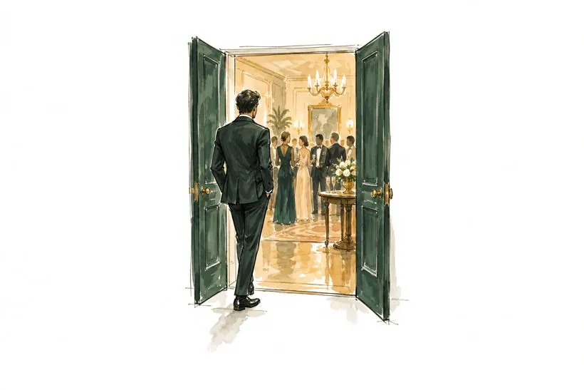 Ink and watercolour sketch of a guest pausing in a doorway